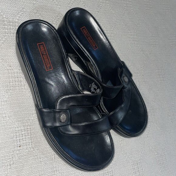 Harley-Davidson Women’s Platform Sandals Size 8.5 M Black Leather Going Out - Picture 1 of 12